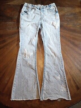 Colorful Planet Girls Size 16 Butterfly Flare Jeans Light Wash Raw Hem Y2K